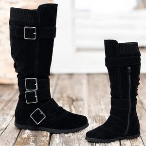 Black Buckle flat tall black boots Sherlyn size 7 New